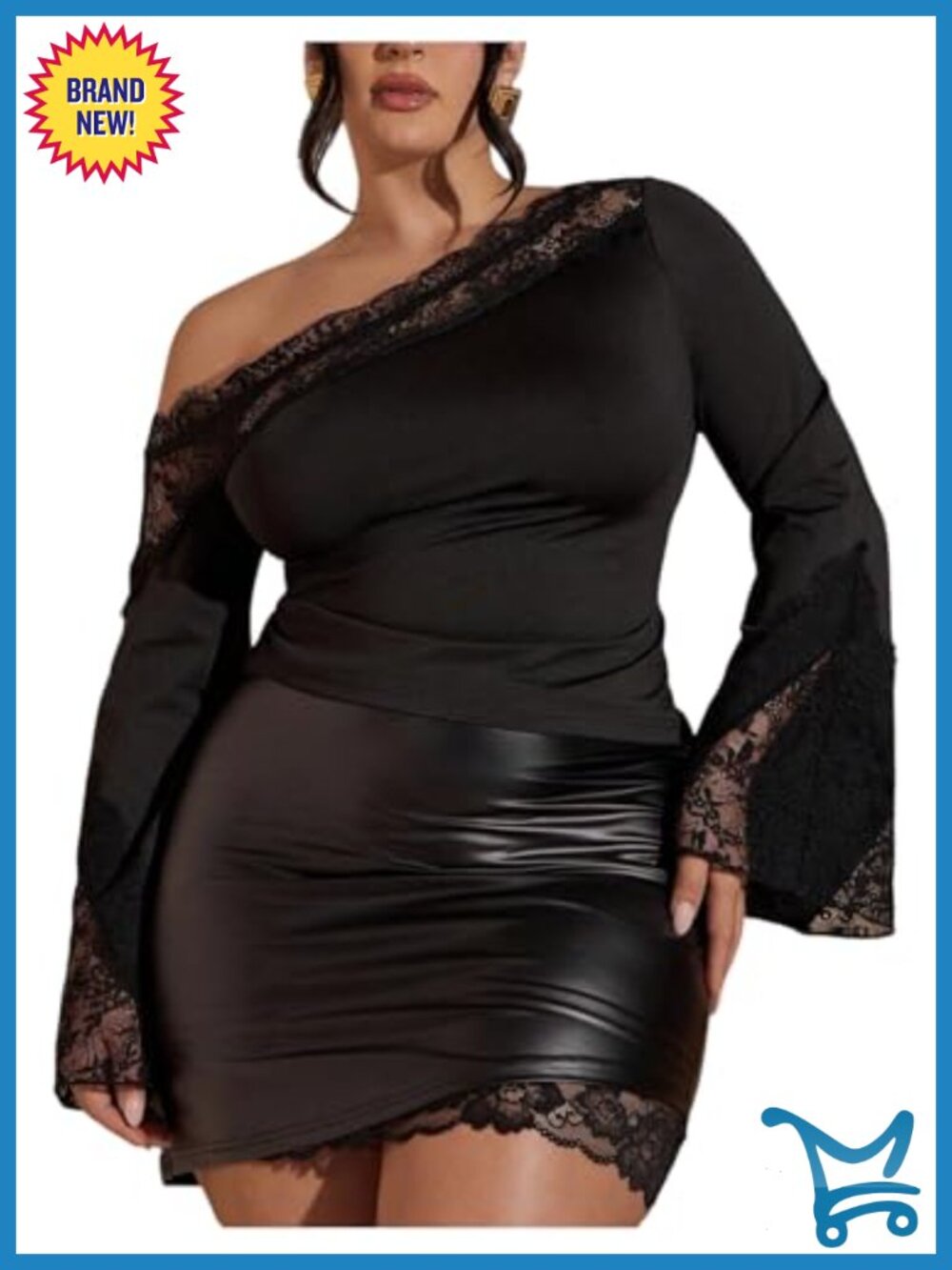 Plus Size Lace Tops One Shoulder Bell Sleeve T Shirt Asymmetrical Long Sleeve